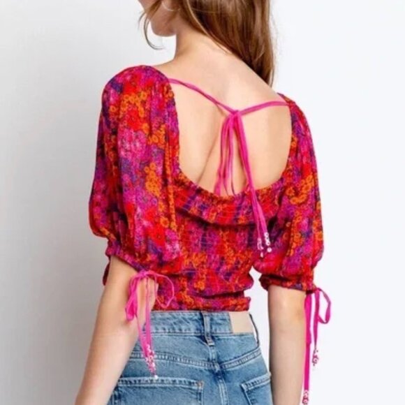 Free People Back On Top Crop Top Multi Floral Smocked Puff Sleeve NWT XS $98 - Picture 3 of 8